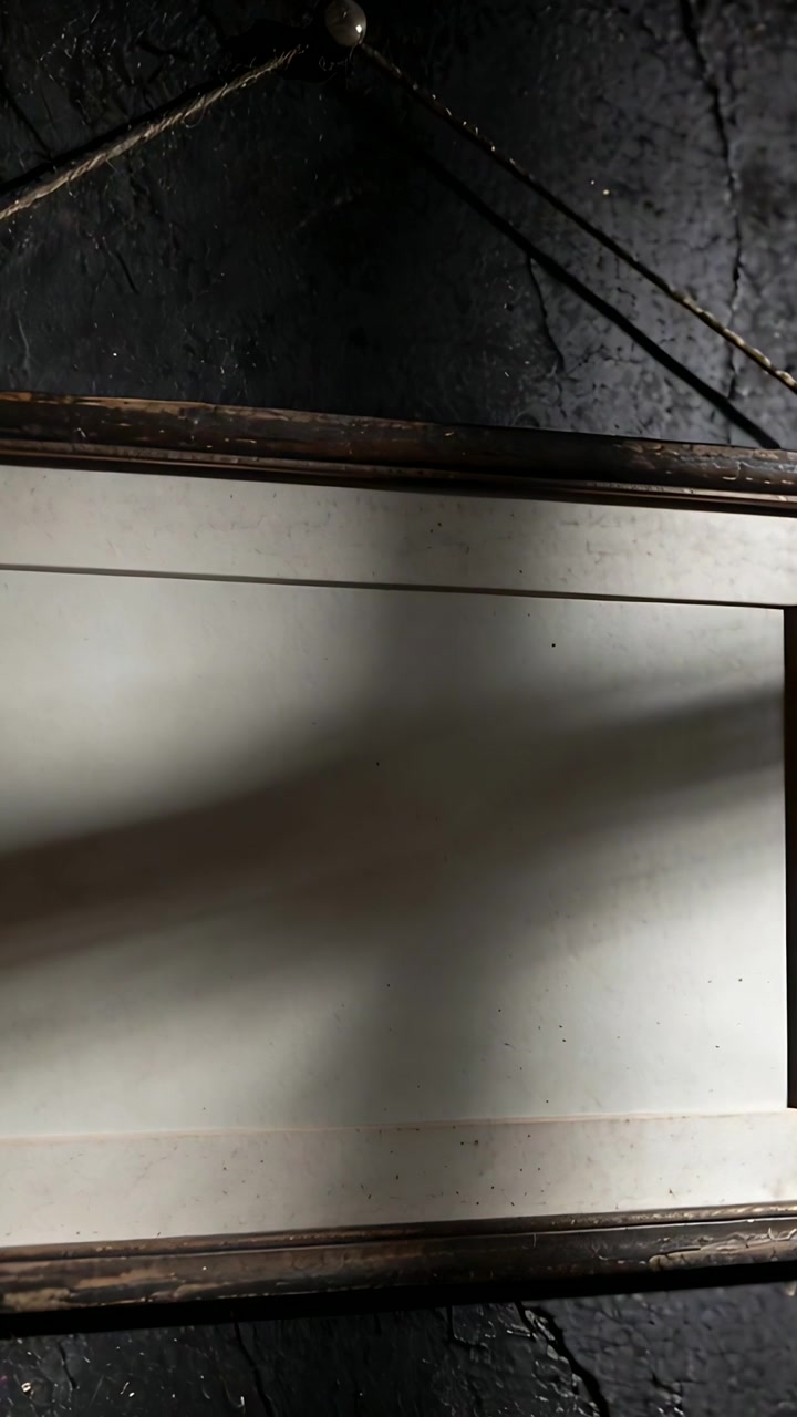 Video verticale: Luce che si sposta muovendo un'ombra diagonale su un pannello con cornice in legno su una parete scura, cavi