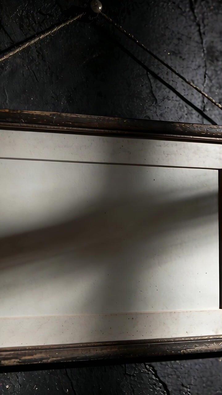 Video verticale: Luce che si sposta muovendo un'ombra diagonale su un pannello con cornice in legno su una parete scura, cavi