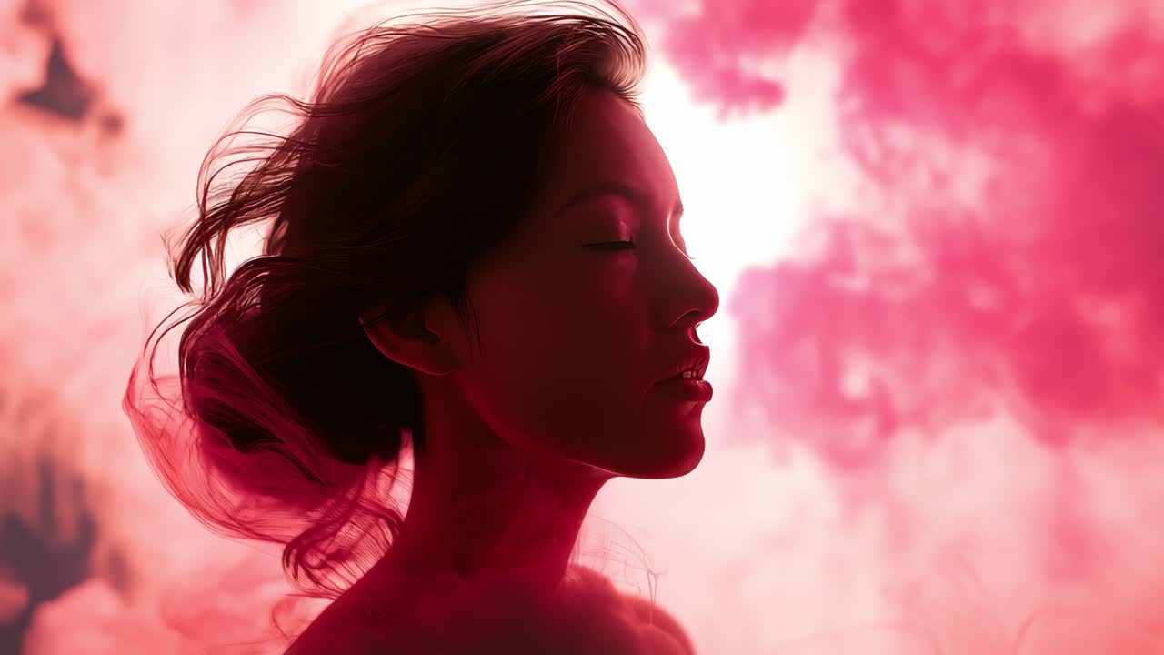 Studio shot featuring a beautiful young woman with closed eyes, posing gracefully as red smoke envelops her face, creating a vibrant and dreamy atmosphere filled with color