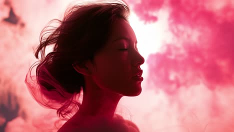 studio shot featuring a beautiful young woman with closed eyes, posing gracefully as red smoke envelops her face, creating a vibrant and dreamy atmosphere filled with color