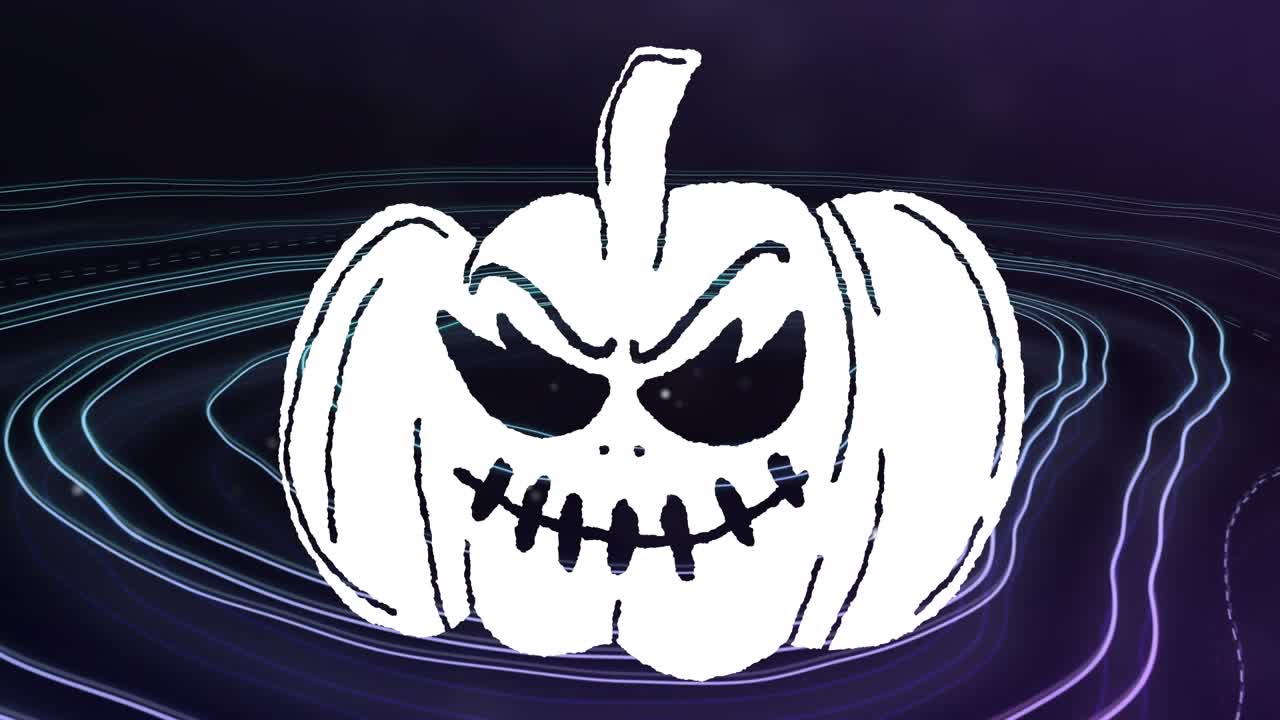 Neon-Wellenmuster, das von einem weißen Halloween-Kürbis ausgeht, sich verfeinert und beruhigt, während Neonringe pulsieren, um ein Design darzustellen.