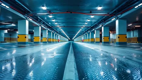 a long empty parking garage with yellow and blue pillars