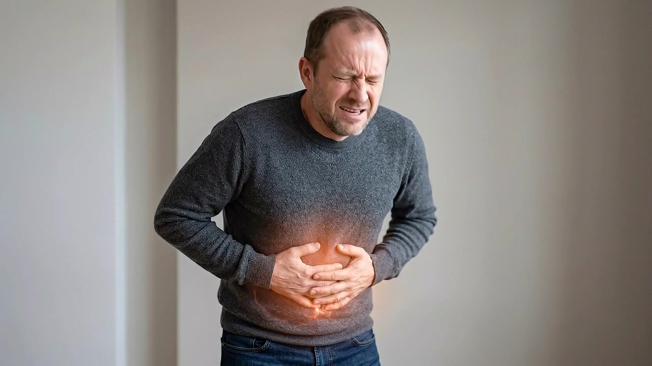 Uomo che si stringe l'addome con un'evidenziazione luminosa del dolore interno al chiuso in una scena medica realistica