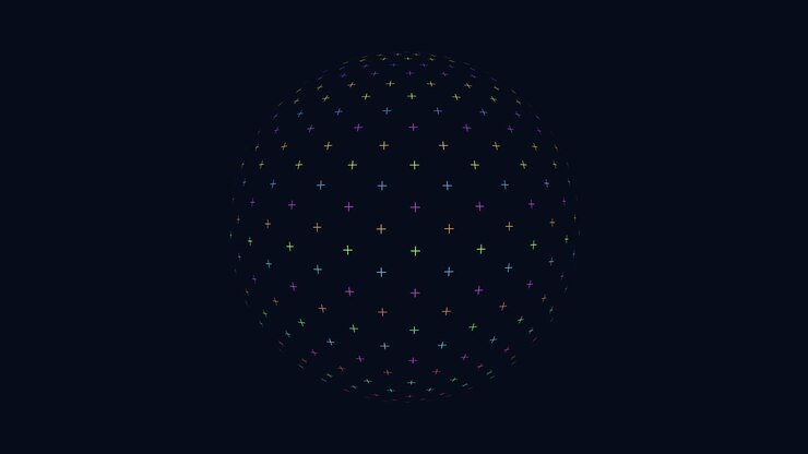 Futuristic geometric sphere with neon crosses on black gradient