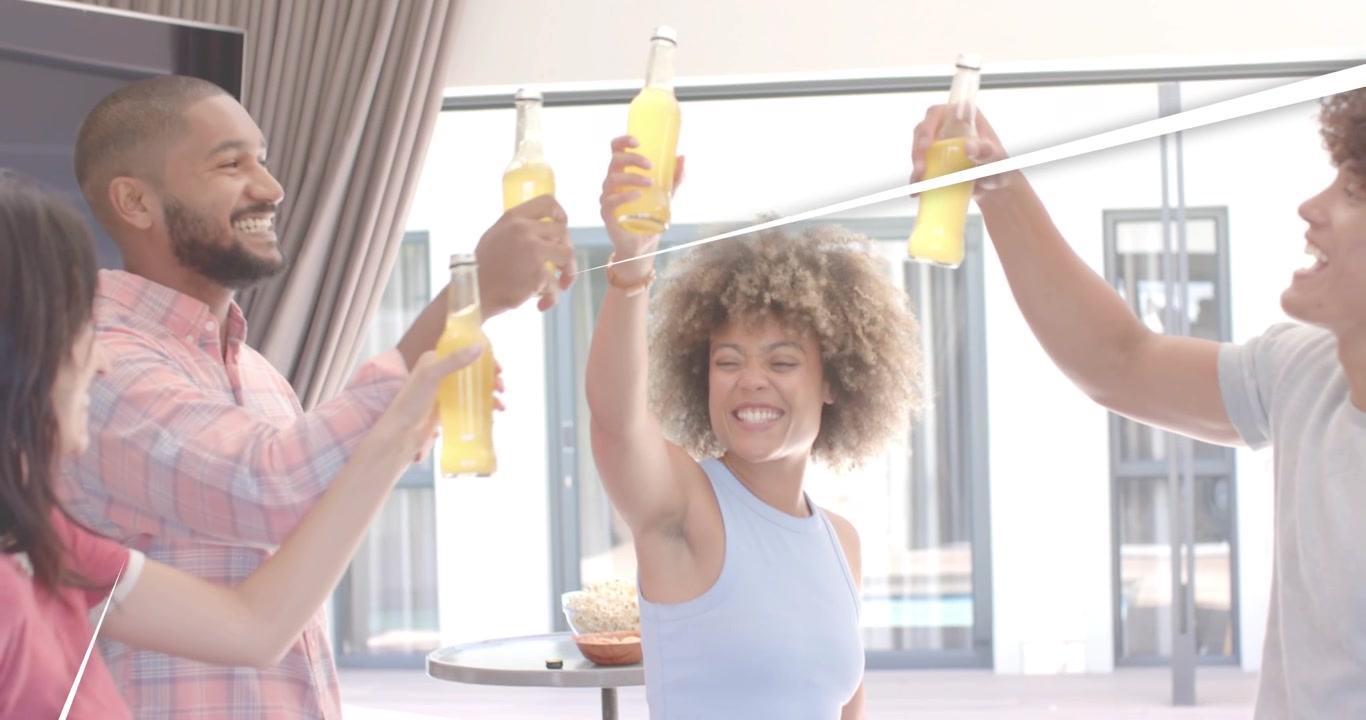 Curly-haired woman speaking in health demo, animating orange icons as friends raising bottles