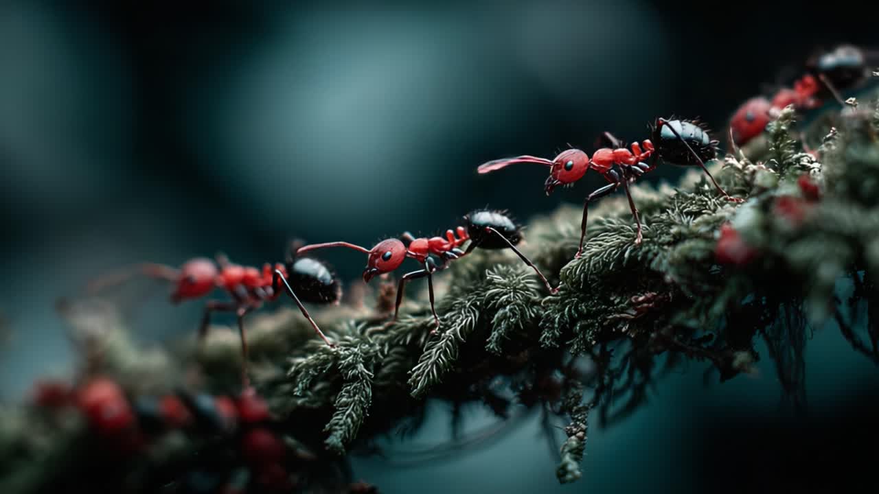 A Close-Up Exploration of Red Ants Marching Along a Mossy Branch, Capturing Their Intricate Movements and Natural Habitat in Stunning Detail