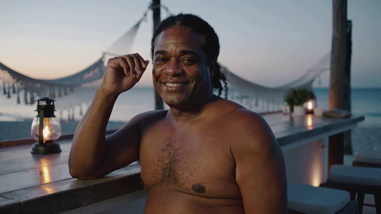 Hombre sonriente sin camisa sentado en un bar de madera frente a la playa, respondiendo a una llamada fuera de cámara, lanzando un beso.
