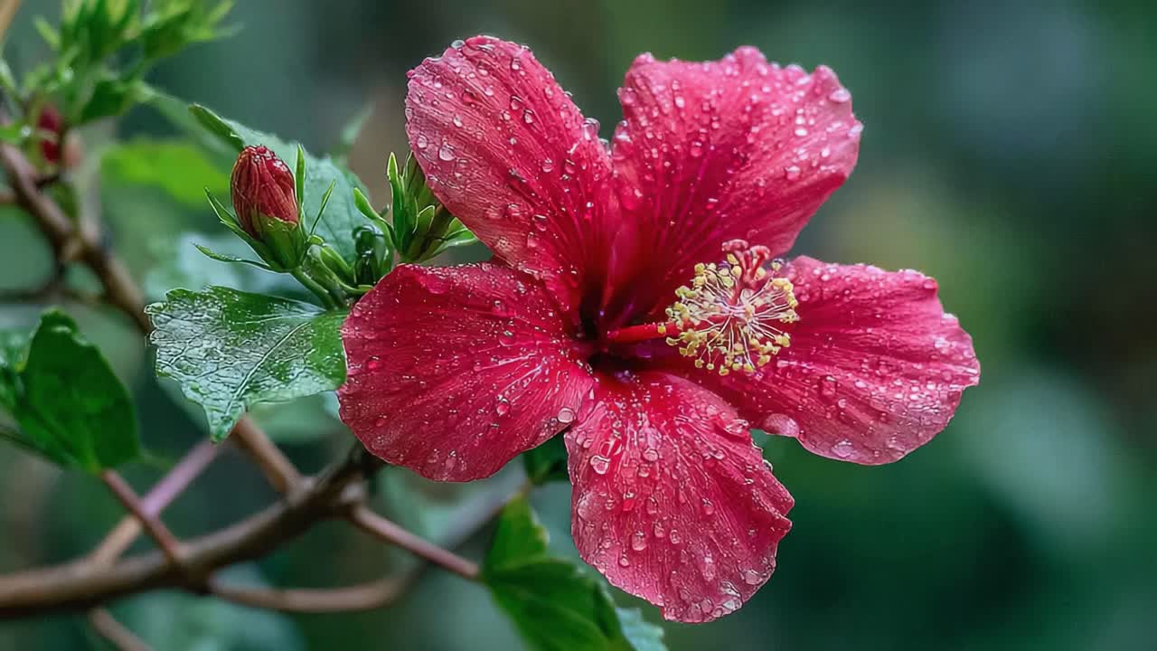 Un primo piano di un vivace fiore di ibisco rosso coperto di goccioline di pioggia, che mette in mostra i suoi delicati petali e le lussureggianti foglie verdi su uno sfondo tenue