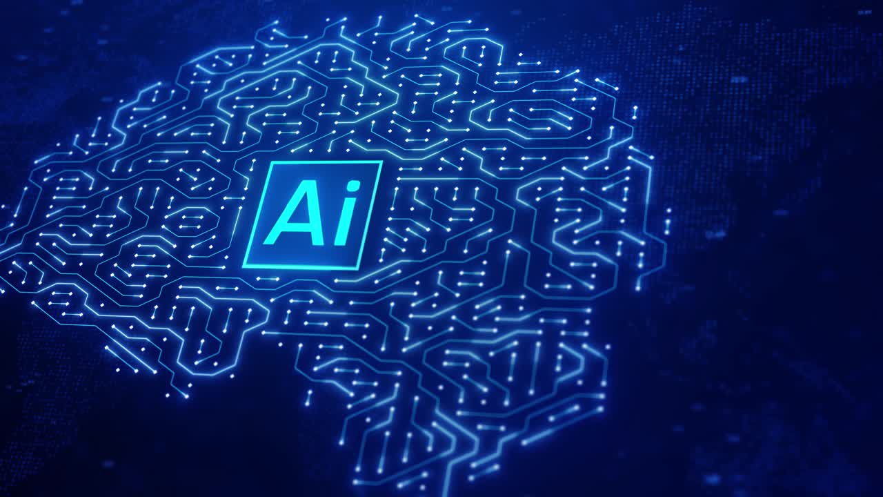 Circuit Board with moving electrons. Abstract electronic blue circuit board background. Artificial intelligence