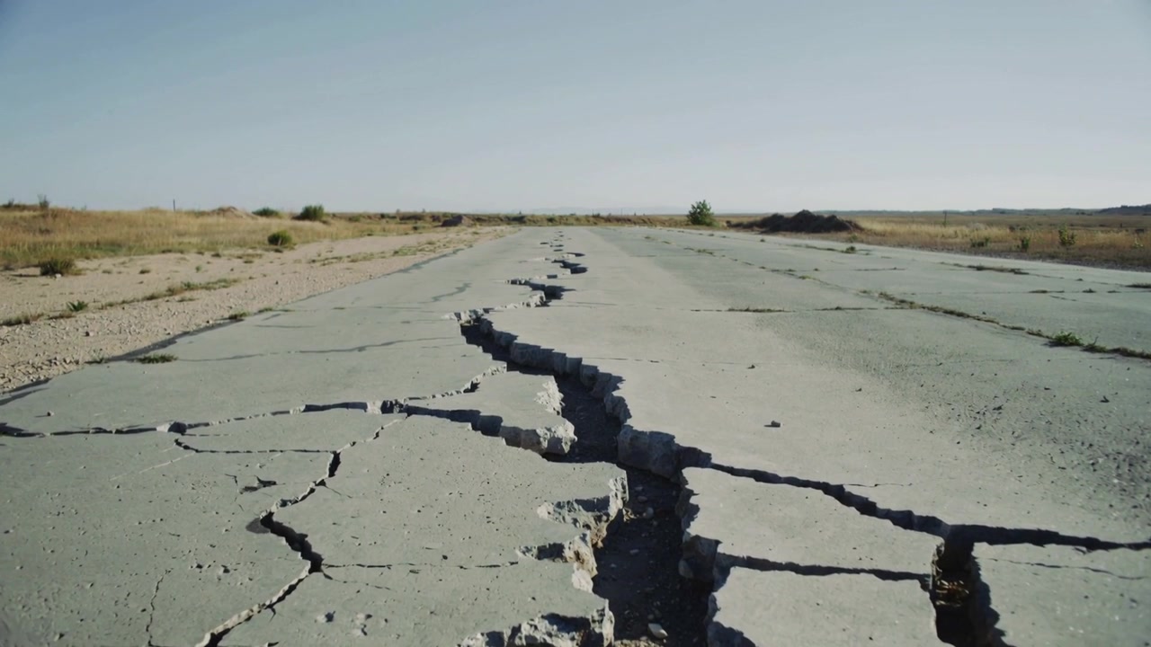 ローアングルからひび割れた道路へ移動するトラッキングカメラが、長い主要な亀裂と盛り土を明らかにする