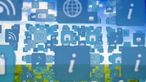 animation of wifi and digital icons floating over landscape