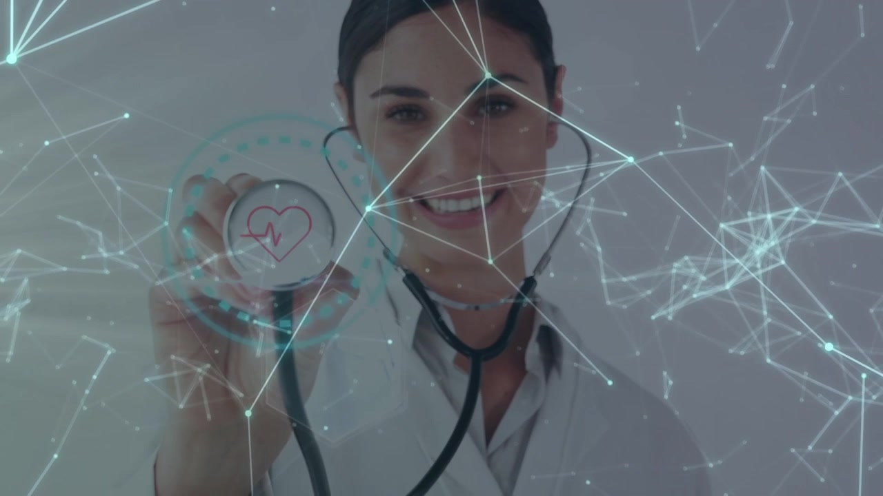 Animación de red de conexiones sobre doctora caucásica sonriendo