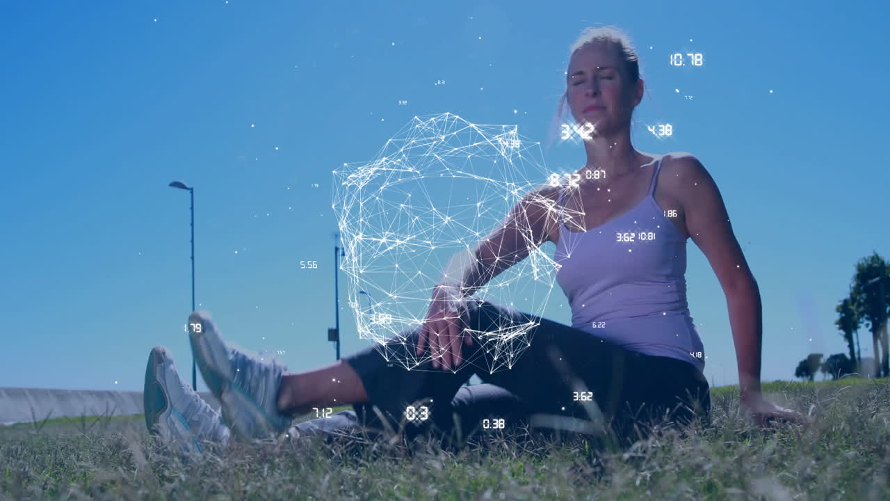 Meditating woman with network connections and data processing animation over sky