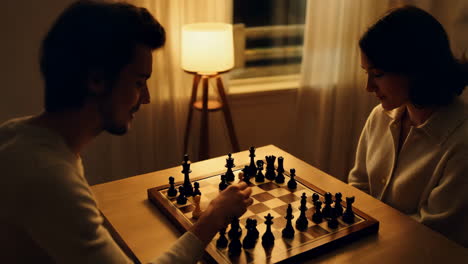 two people playing chess in a cozy indoor setting