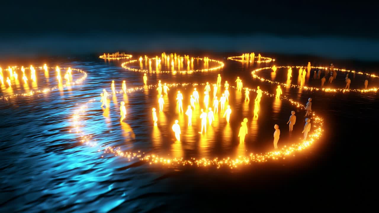 An Ethereal Display of Human Figures Illuminated by Glowing Circles on Water, Creating a Mystical Atmosphere with Sparkling Lights and Reflections in a Nighttime Setting