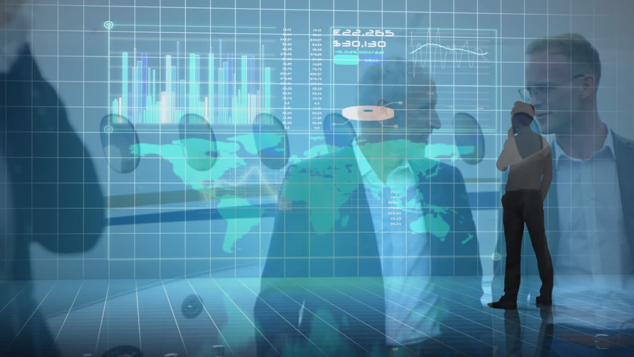 animación del procesamiento de datos sobre hombres de negocios caucásicos en el aeropuerto