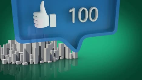 como el icono con números crecientes en la burbuja de habla azul contra el modelo de ciudad 3d en fondo verde