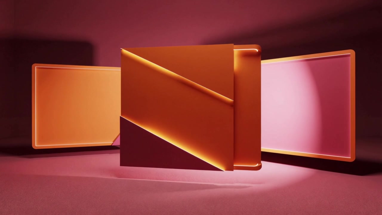 Rotating central panel advancing in studio, with three panels and spotlight revealing angled band