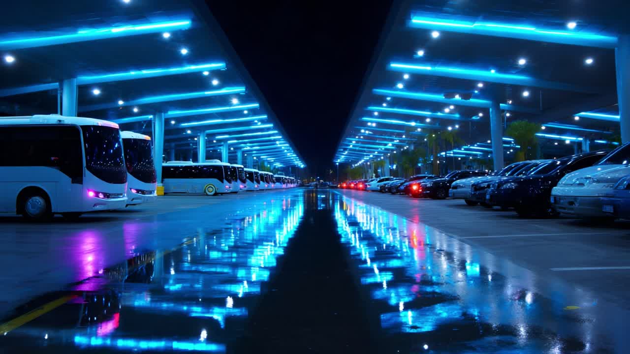 Illuminated Nighttime Parking Lot with Reflections: Buses and Cars Under Bright Blue LED Lights and Shiny Wet Surfaces Create a Mesmerizing Urban Atmosphere Captured in Two Distinct Frames