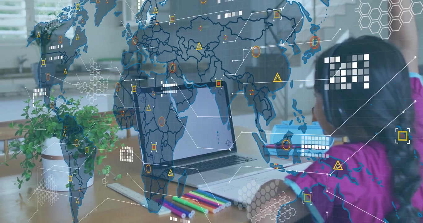 Girl gazing laptop screen and initiating world map overlays shifting across screen for education