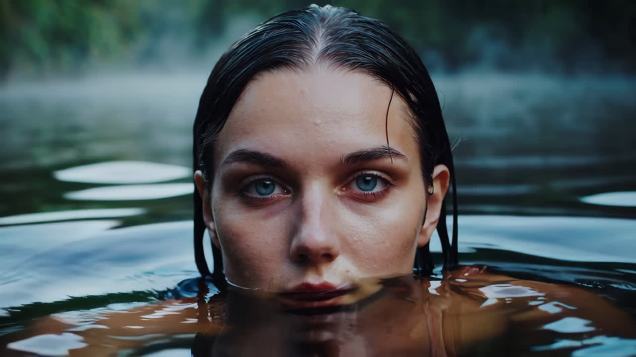 Woman swimming in a tranquil forest lake