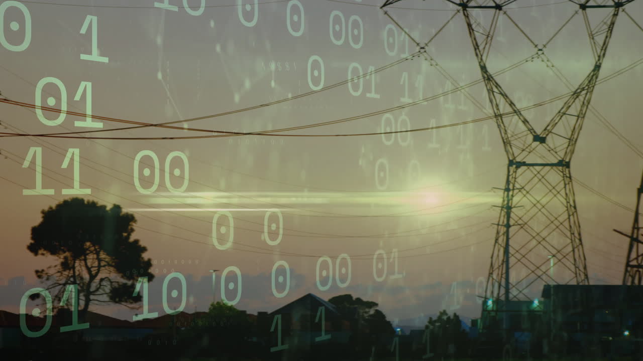 Binary code animation over sunset landscape with power lines and trees