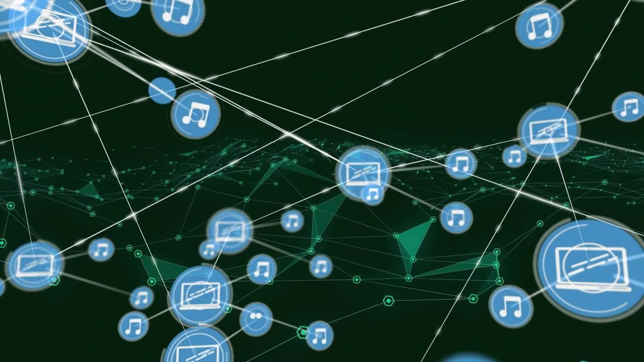Animation of network of connections with icons over dark green background