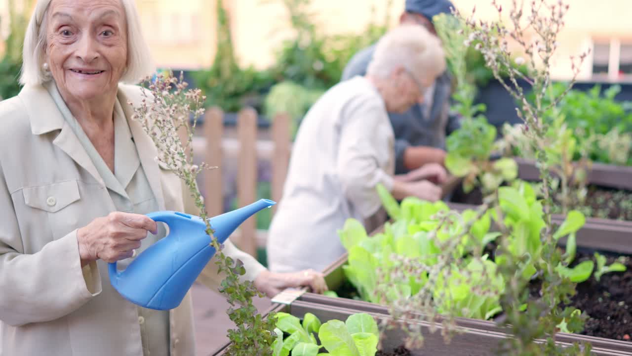 Senior women gardening in a community garden