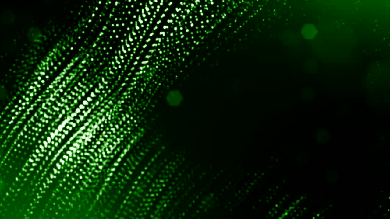 Rendering 3D di particelle luminose come sfondo di fantascienza o moderno sfondo verde astratto di particelle con profondità di campo e bokeh, come un loop VJ. Le particelle formano linee e strutture ondulate. 5