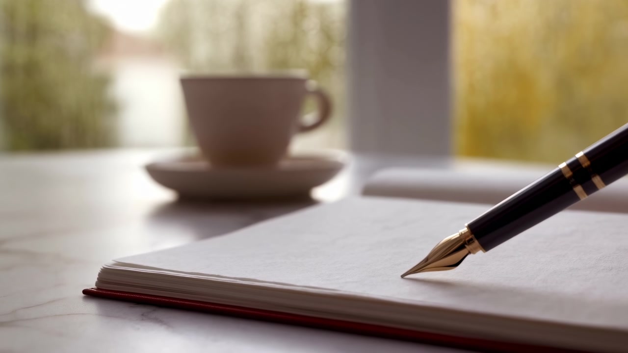 Una penna stilografica nera lucida con finiture dorate si solleva sopra pagine di quaderno bianche testurizzate su un tavolo lucido, mentre una tazza e un piattino in ceramica rimangono sfocati nelle vicinanze, retroilluminazione soffusa, ombre delicate, calma elegante