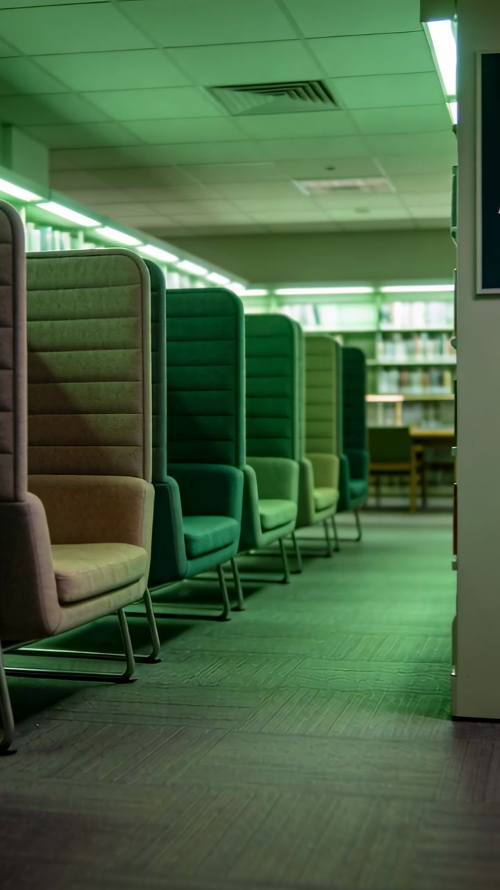 Vertical video: Gliding camera showing empty study pods under green lights, library shelves ahead