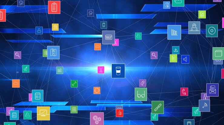 Animação de rede de conexões com ícones digitais.