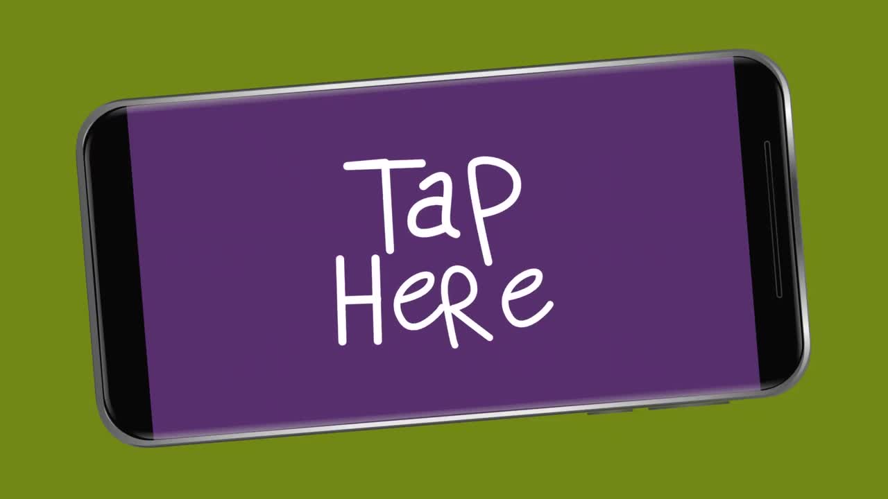animación de palabras blancas toque aquí parpadeando en la pantalla púrpura de un teléfono inteligente en el fondo