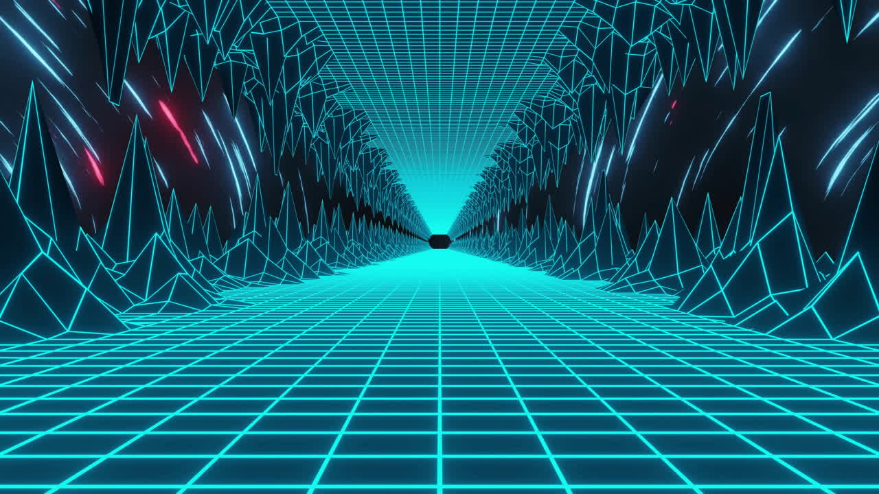 Animation of futuristic digital tunnel with glowing grid and geometric patterns