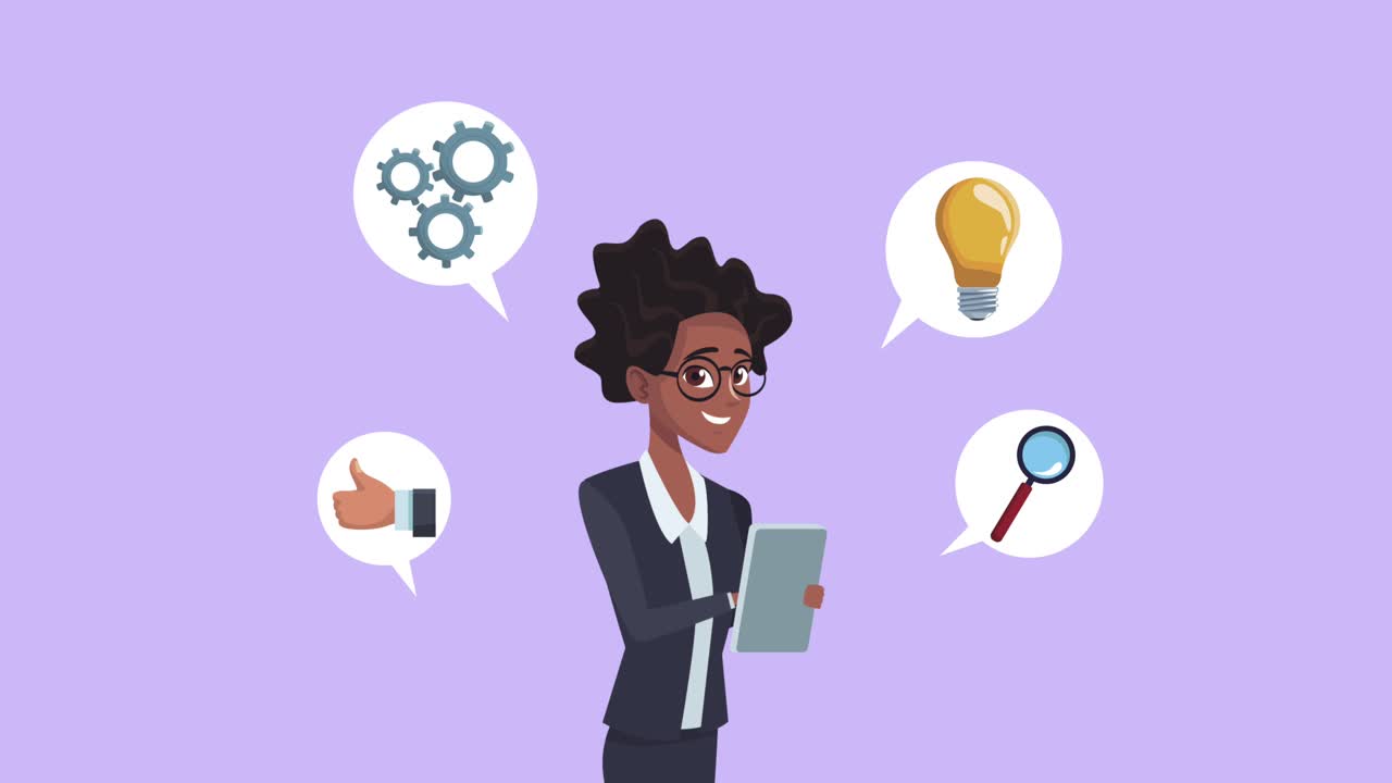 afro businesswoman worker with coworking icons