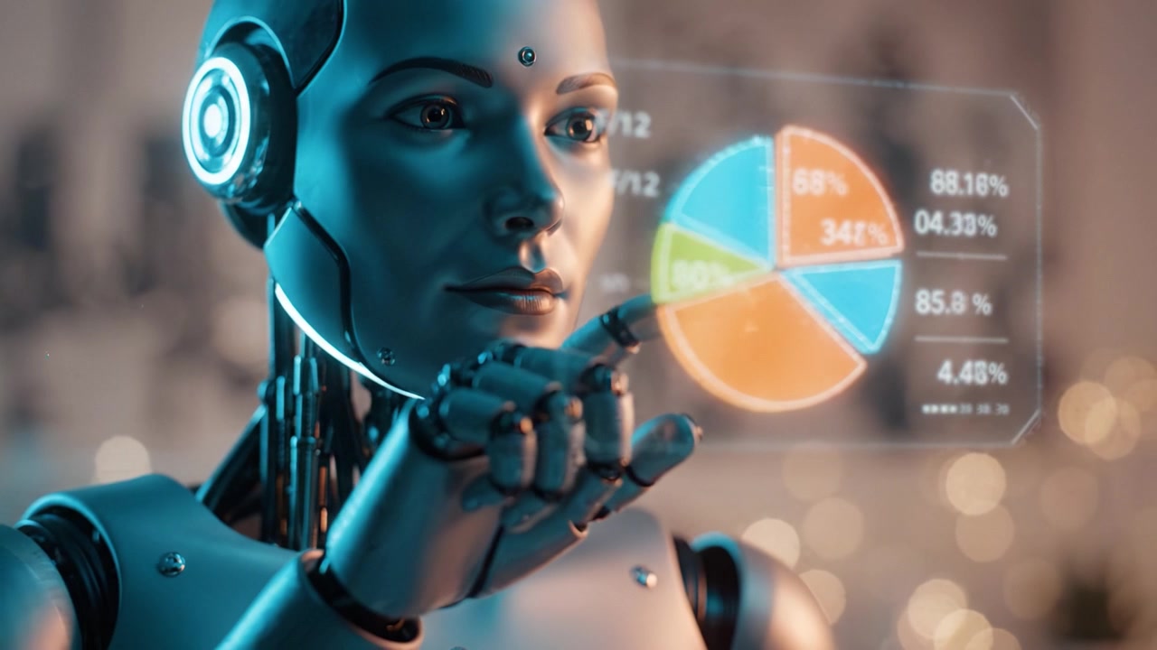 Futuristic Robot Interacting with Holographic Data Visualizations Representing Statistics and Analytics in a High-Tech Environment
