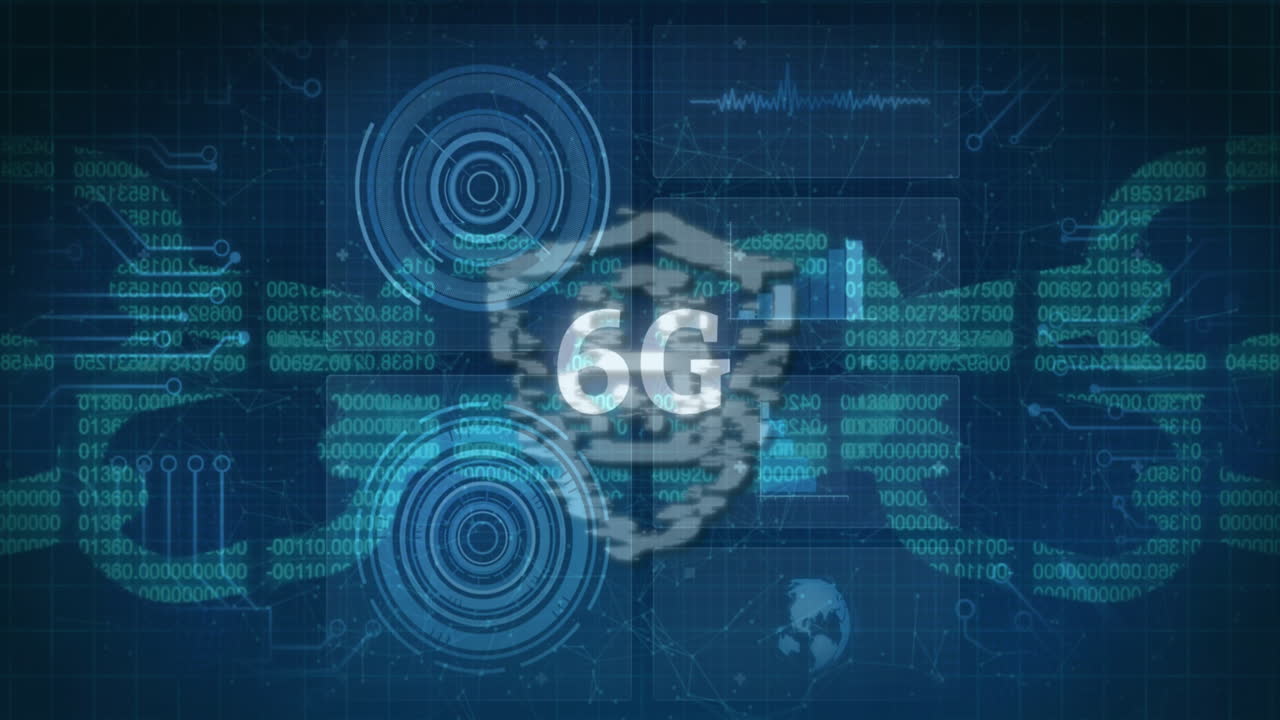 Animation of 6g text with digital padlock symbol information moving on dark background