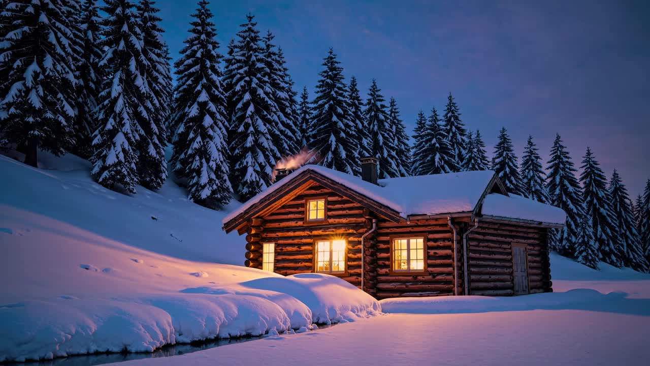 Cozy log cabin in snowy forest at dusk, captured from a low angle