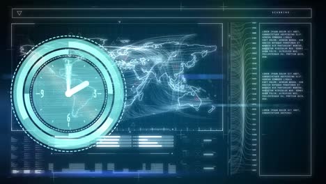 Animación-Del-Reloj-Moviéndose-Sobre-Datos-Y-Mapa-Mundial