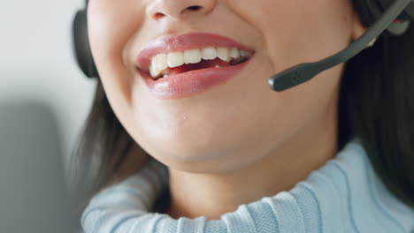 Call-center,-talking-and-close-up-mouth-of-woman