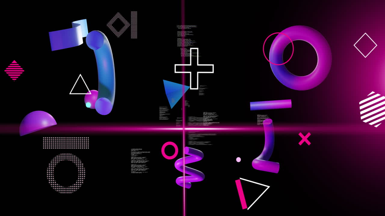 Animation of rotating 3d shapes and pink scanner beams over data processing on black background