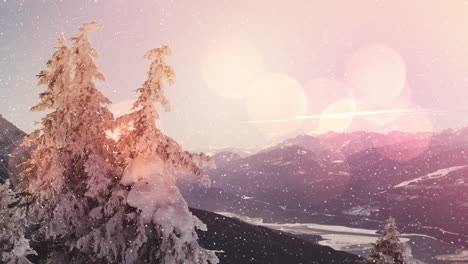 spots of light and snow falling over winter landscape with mountains and trees