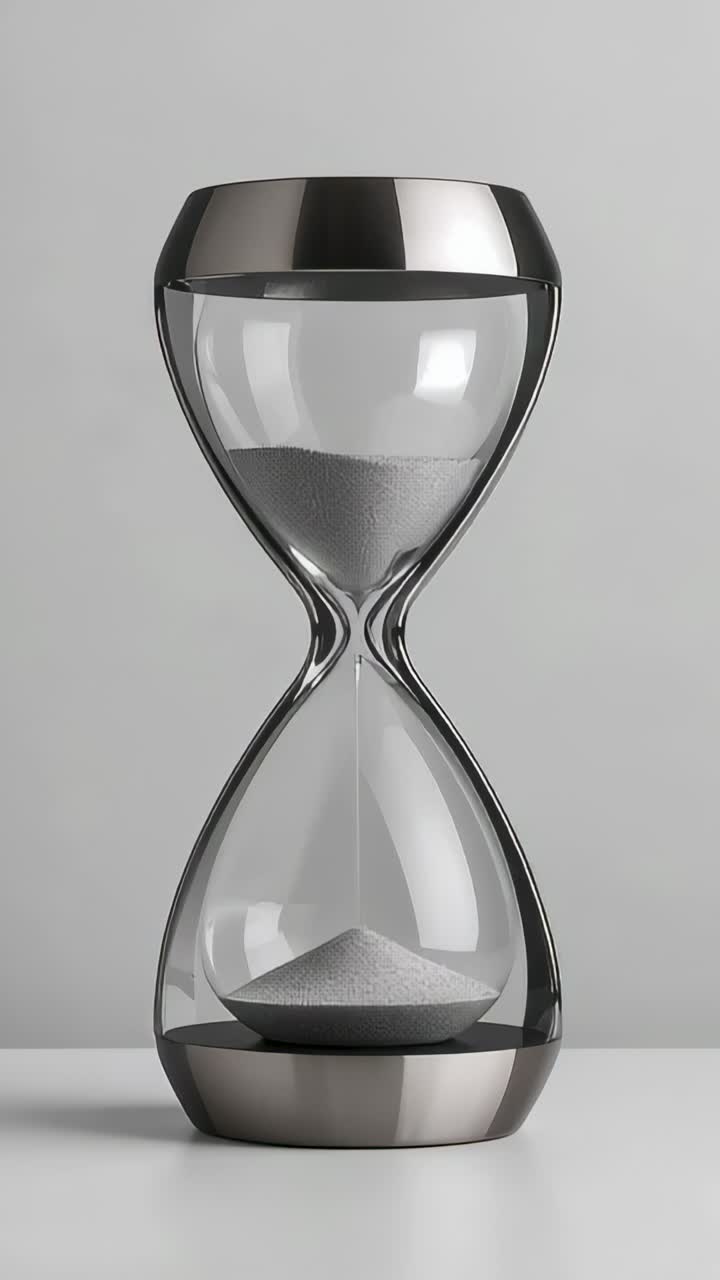 Vertical video: Gravity pulling sand through hourglass with metal caps on tabletop, timing interval