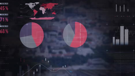 Animation-of-data-processing-and-diagrams-over-cityscape-and-world-map