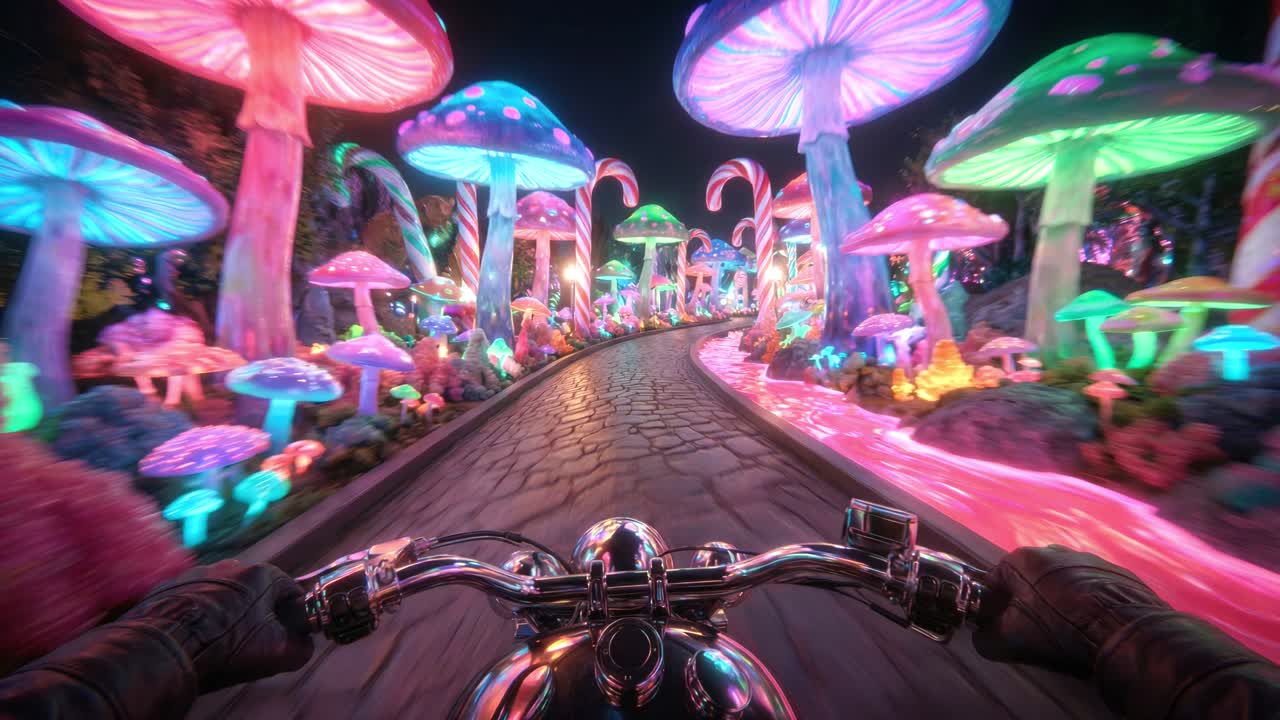 Colorful neon fungi journey fastpacked motorcycle tour among luminous fungi and vibrant scenery