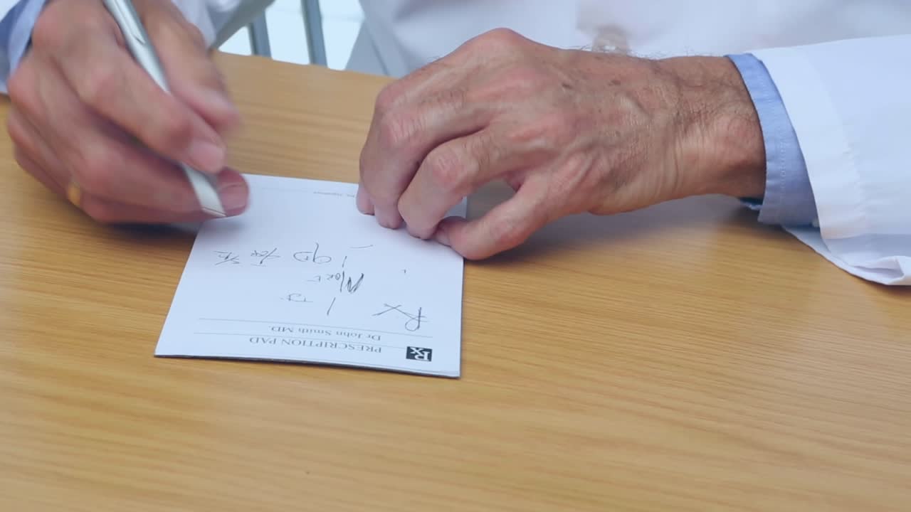 Animation of hearts floating over caucasian senior male doctor writing prescription