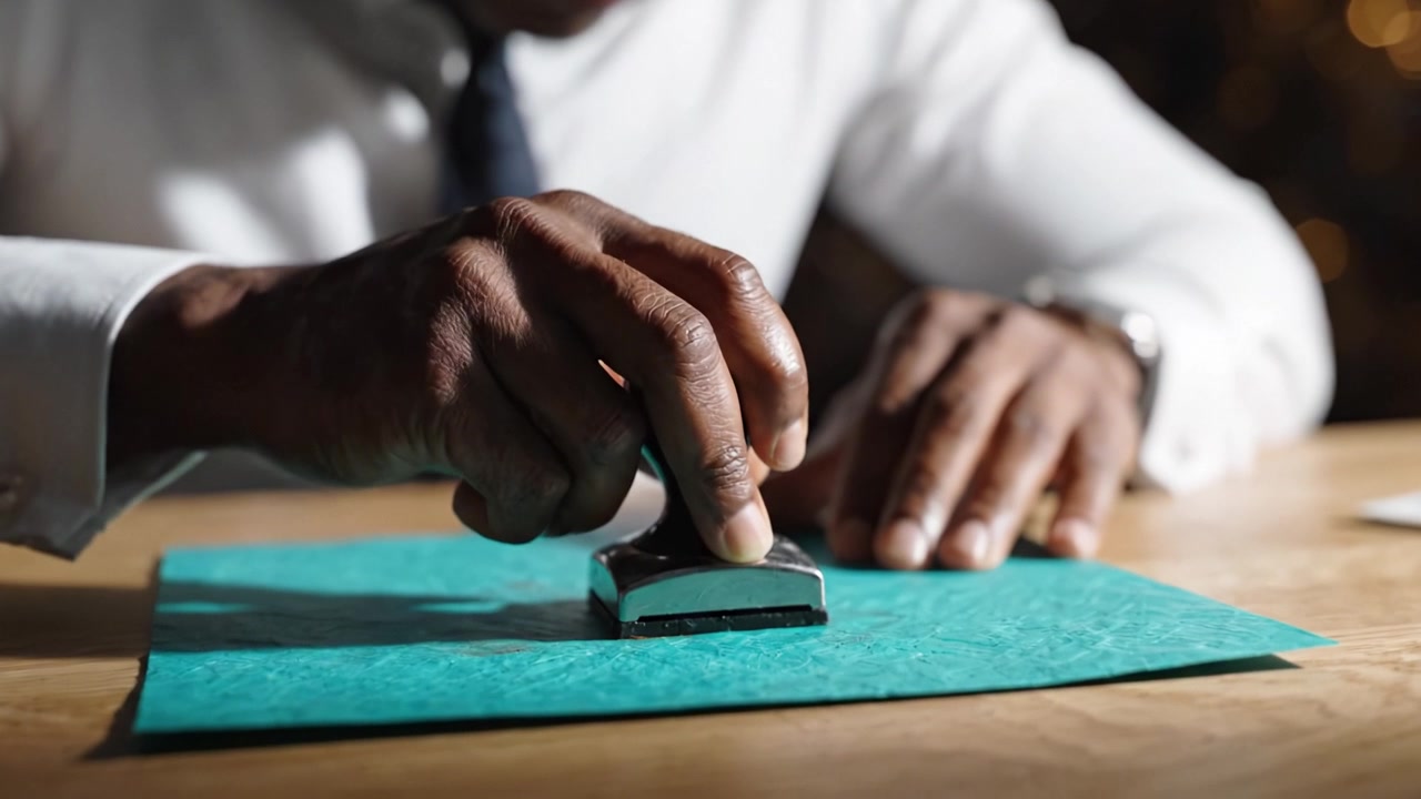 A close-up view of a person's hands using a metal stamping tool on textured paper, showcasing attention to detail and craftsmanship in a well-lit workspace.