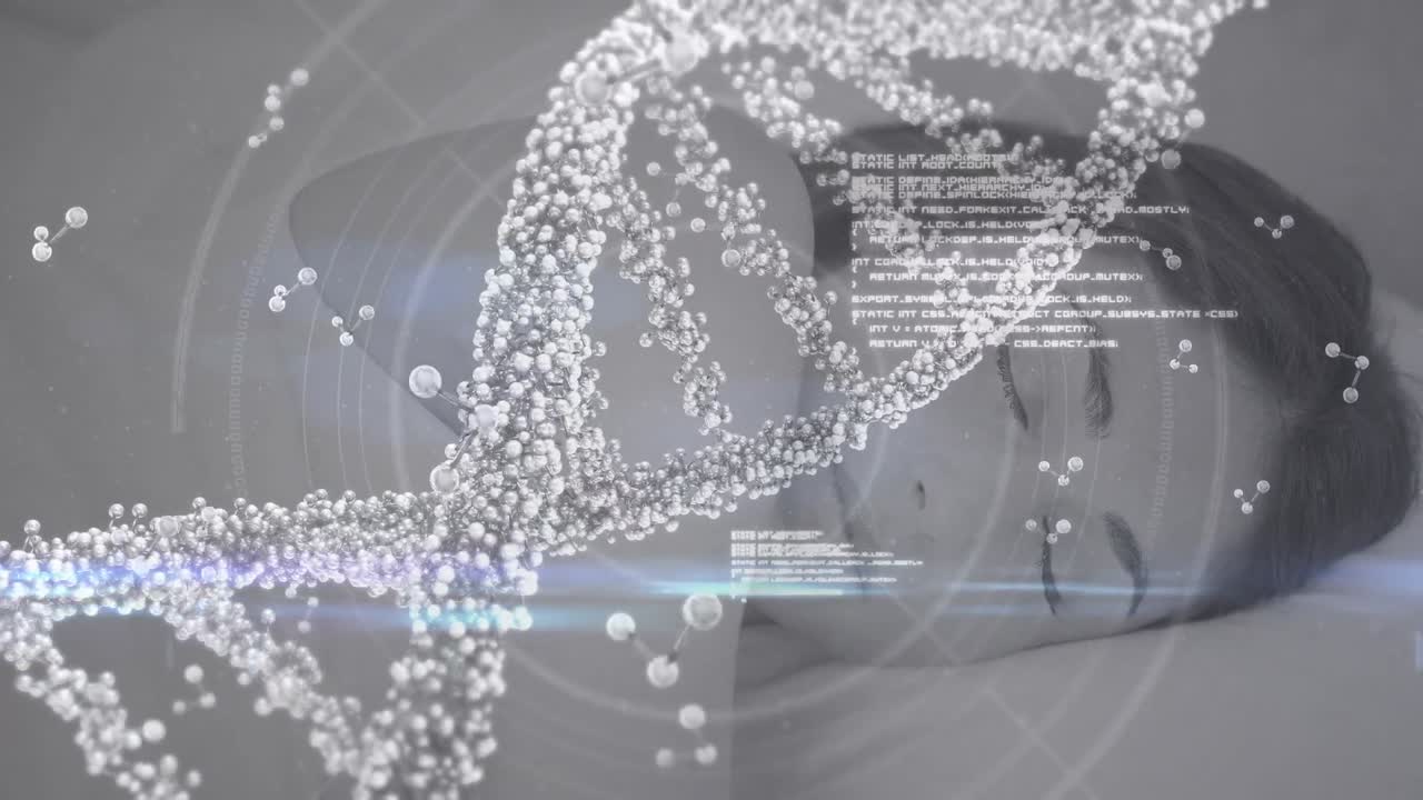 누워있는 백인 여성의 애니메이션: 떠다니는 뉴클레오티드와 dna 나선 및 분자