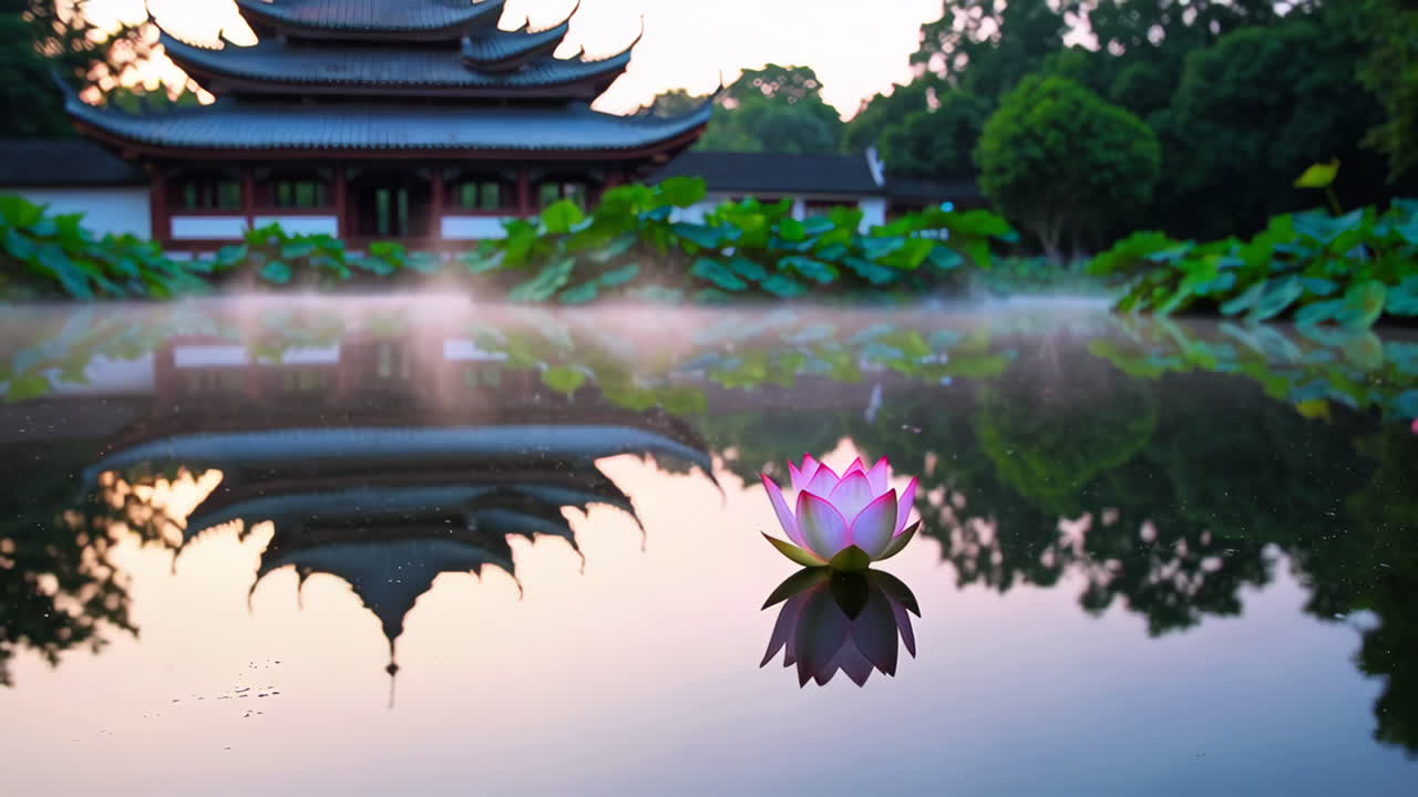 Misty Sunrise at a Chinese Garden with Lotus Flower