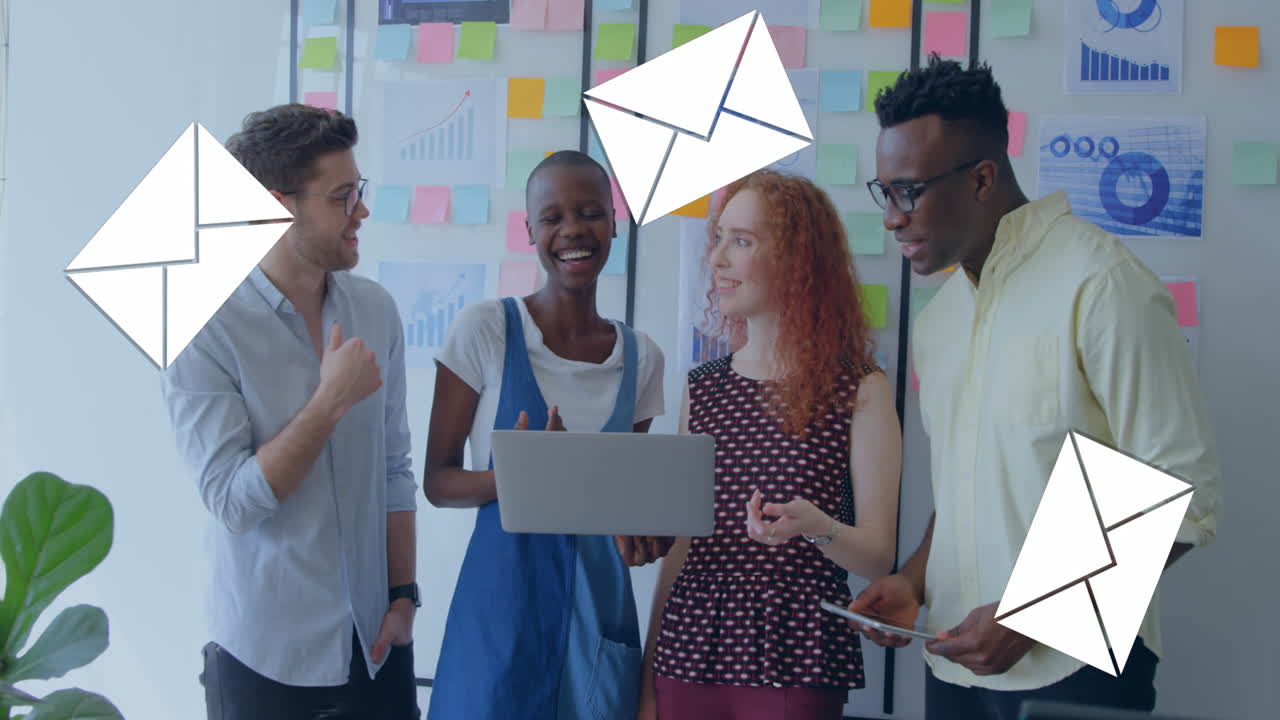 Animation of message icons faling against team of diverse colleagues smiling together at office